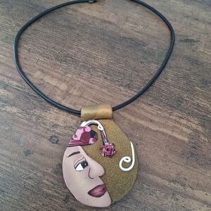 Handcrafted Gold and Pink Portrait Pendant Necklace - Women Jewelry